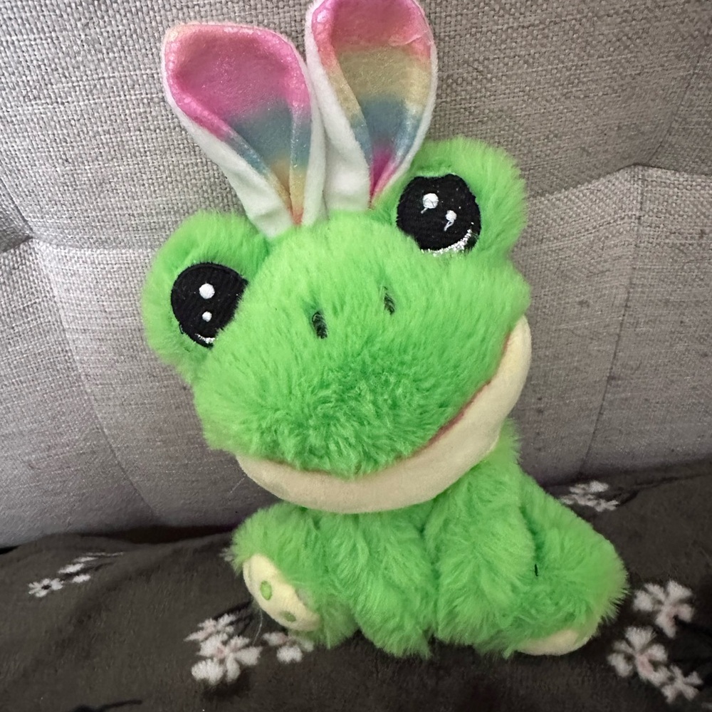Green Plush Frog with Rainbow Bunny Ears